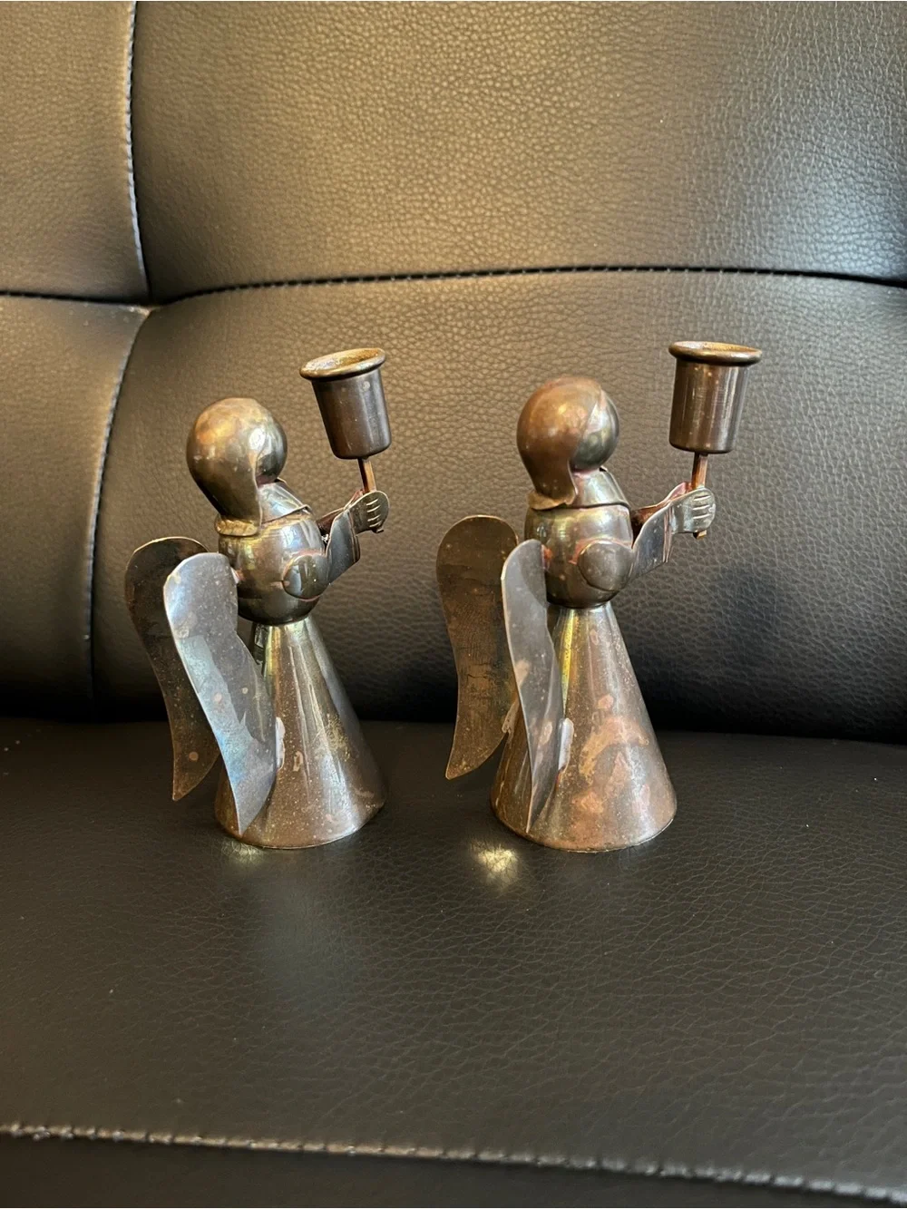 Brass Angel Candle Holder Pair - Brown brass patina